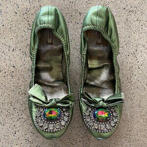 Miu Miu Metallic Green Leather Ballerina Flats (Size 39 EU)